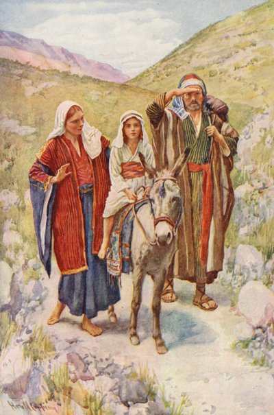 Nuevo Testamento: El retorno de Egipto (litografía en color) de Harold Copping