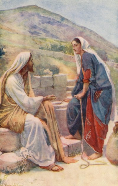 Nuevo Testamento: El pozo de Sicar (litografía en color) de Harold Copping
