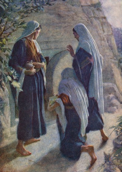 Nuevo Testamento: Las mujeres en el sepulcro (litografía en color) de Harold Copping