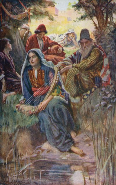 Antiguo Testamento: Junto a los ríos de Babilonia (litografía en color) de Harold Copping