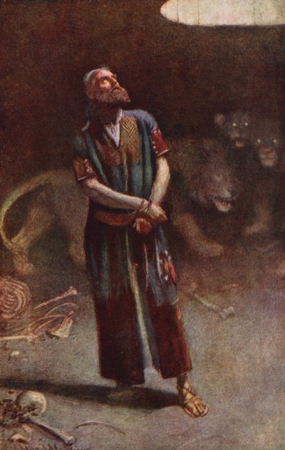 Antiguo Testamento: Daniel en el foso de los leones (litografía en color) de Harold Copping