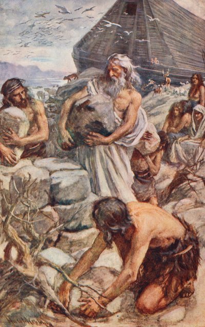 Antiguo Testamento: Noé construyendo su altar (litografía en color) de Harold Copping
