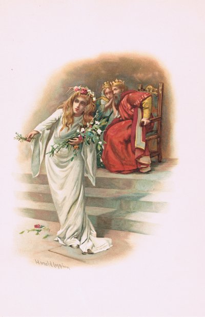 Ofelia con el rey y la reina, ilustración de Hamlet de Harold Copping