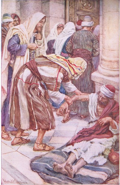 Pedro y Jacobo en la puerta hermosa, ilustración de Pictures That Teach The Crown Series, 1920 de Harold Copping