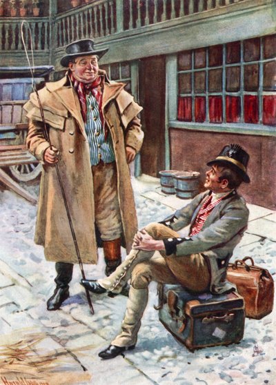Sam Weller y su Padre (litografía a color) de Harold Copping