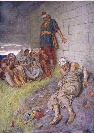 La paciencia de Job, ilustración de Imágenes que Enseñan La Serie de la Corona, 1920 de Harold Copping