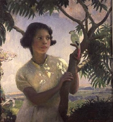 Niña con un loro de juguete de Harold Harvey