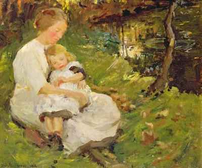 Madre e hijo en un paisaje boscoso de Harold Harvey