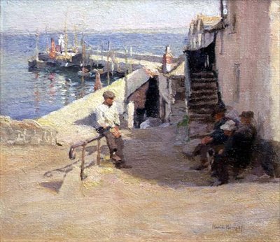 Newlyn Street Scene (óleo sobre lienzo) de Harold Harvey