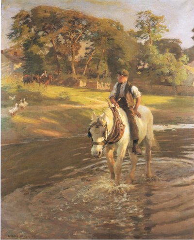 Regar el caballo (litografía en color) de Harold Harvey