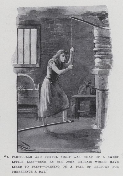 "Una vista particular y lamentable fue la de una dulce niña, como la que a Sir John Millais le hubiera gustado pintar, bailando sobre un par de fuelles por tres peniques al día" de Harold Hume Piffard