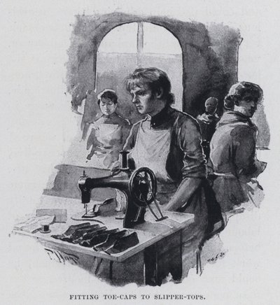 Colocando punteras a las partes superiores de las zapatillas de Harold Hume Piffard