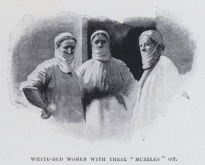 Mujeres en la cama blanca con sus "bozales" puestos de Harold Hume Piffard