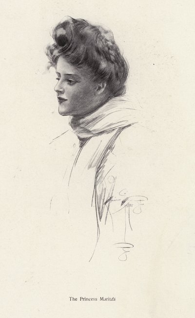 Un personaje, la condesa Frina Mavrodin de la novela, The Princess Moritza, de Percy Brebner de Harrison Fisher