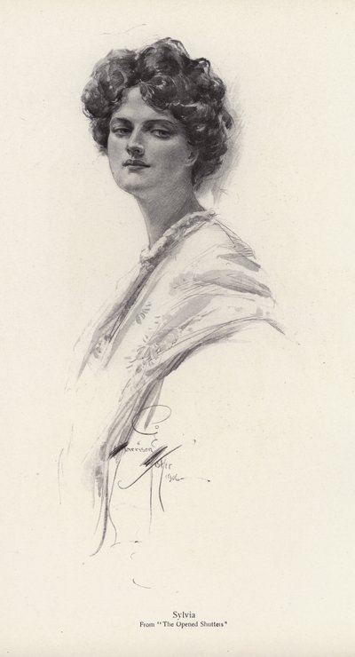 Un personaje, Sylvia, de la novela, The Opened Shutters, de Clara Louise Burnham de Harrison Fisher