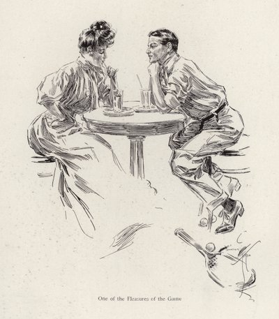 Pareja tomando una bebida después de un juego de tenis de Harrison Fisher