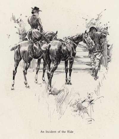 Jinetes de caballos haciendo una pausa para abrir una puerta de Harrison Fisher