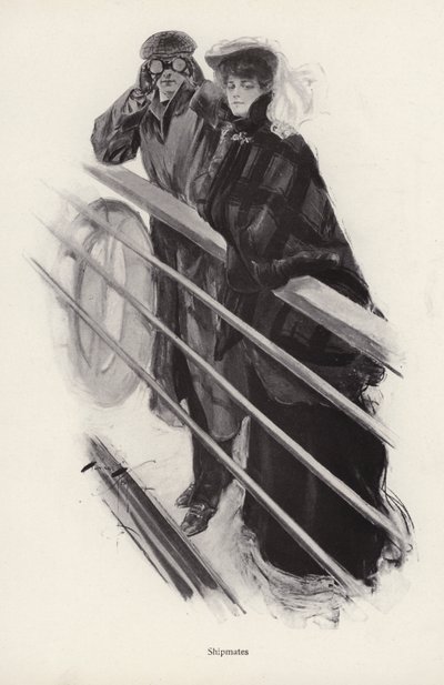 Hombre y mujer mirando por la barandilla de un barco de Harrison Fisher