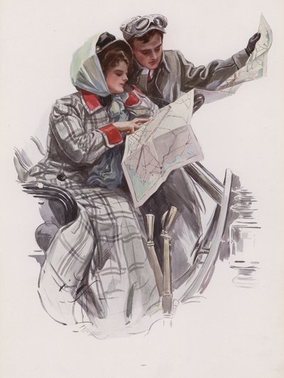 Hombre y mujer leyendo un mapa en un coche de Harrison Fisher