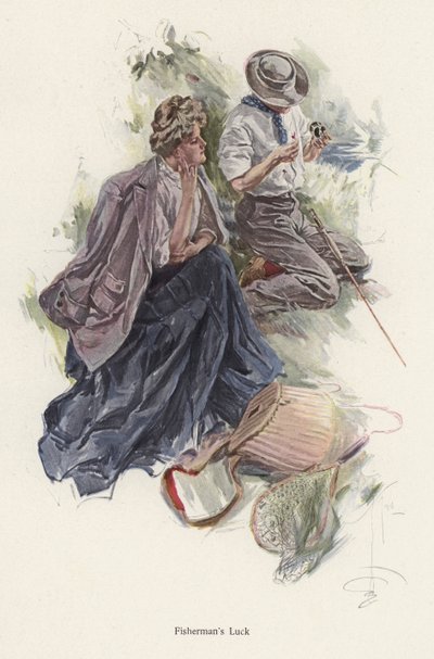 Hombre pescando en la orilla de un río mientras una mujer observa de Harrison Fisher
