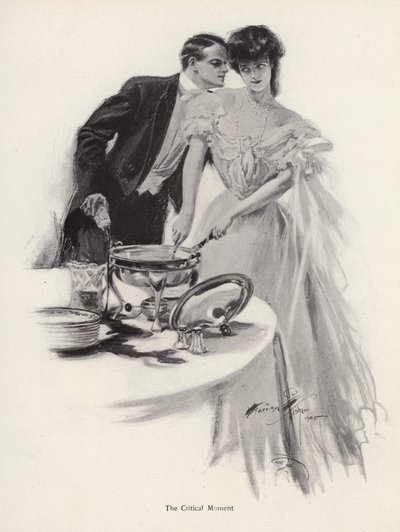 Hombre coqueteando con una mujer en la mesa de la cena de Harrison Fisher