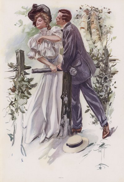 Hombre intentando robar un beso a una joven de Harrison Fisher