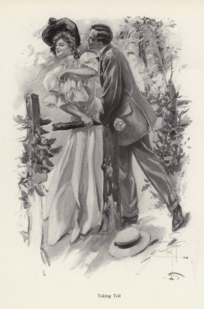Hombre intentando robar un beso a una joven mujer de Harrison Fisher