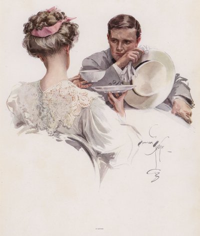 Hombre esperando que una mujer le confíe un secreto de Harrison Fisher