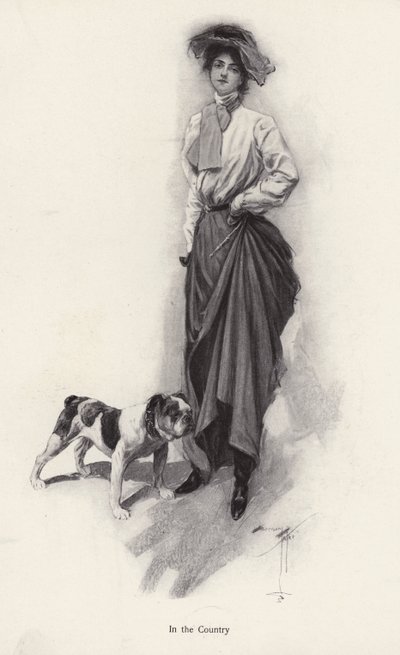 Retrato de una mujer vestida para el campo con su bulldog de Harrison Fisher