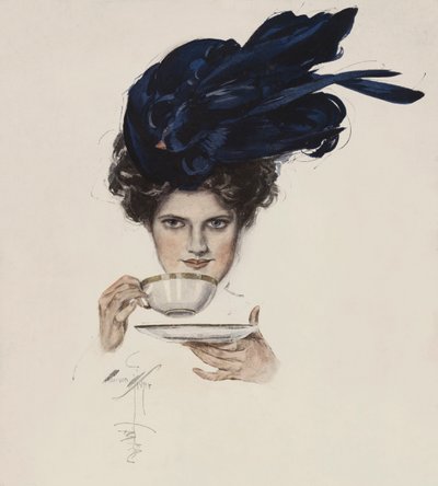 Retrato de una mujer con un sombrero elegante bebiendo té de Harrison Fisher