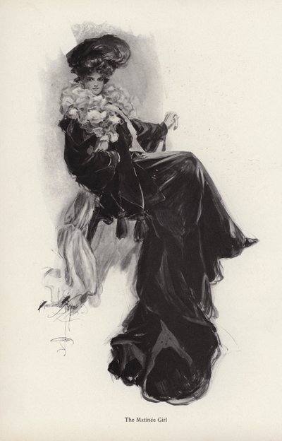 Retrato de una joven con un abrigo largo y vestido de Harrison Fisher