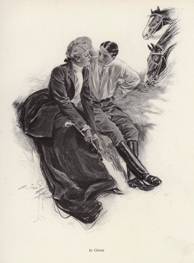 Pareja romántica tomando un descanso durante un paseo a caballo de Harrison Fisher