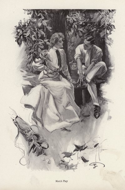 Pareja romántica tomando un descanso de su juego de golf de Harrison Fisher