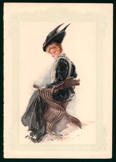 Niña sentada con vestido negro y sombrero (litografía en color) de Harrison Fisher