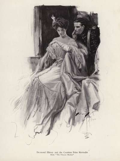 Dos personajes, Desmond Ellery y la Condesa Frina Mavrodin de la novela The Princess Moritza, de Percy Brebner de Harrison Fisher