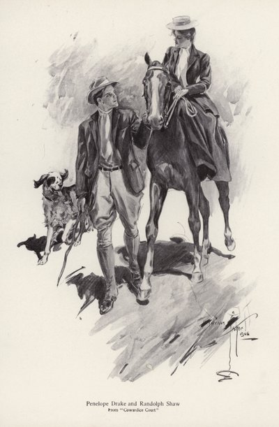 Dos personajes, Penelope Drake y Randolph Shaw de la novela, Cowardice Court, de George Barr McCutcheon de Harrison Fisher