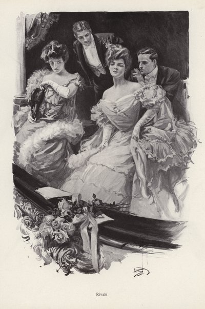Dos mujeres en un palco del teatro compitiendo por la atención masculina de Harrison Fisher