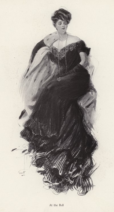 Mujer en un vestido de noche en un baile de Harrison Fisher