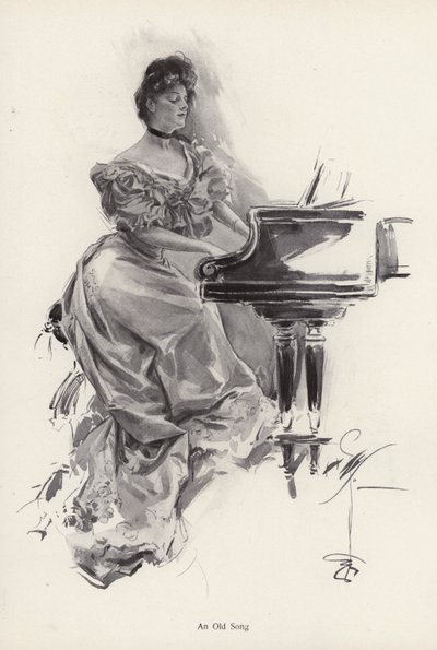 Mujer tocando una canción en un piano de Harrison Fisher