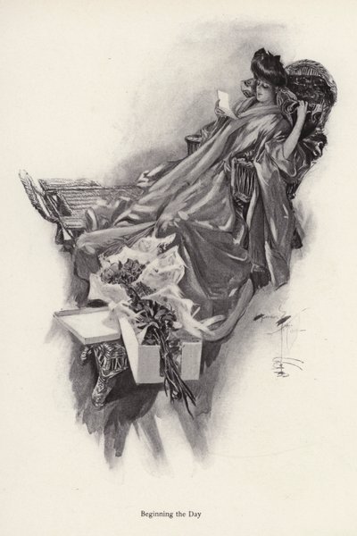 Mujer recibiendo un ramo de flores de un admirador de Harrison Fisher