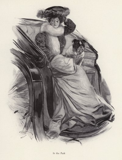 Mujer sentada en un carruaje con su perro de Harrison Fisher