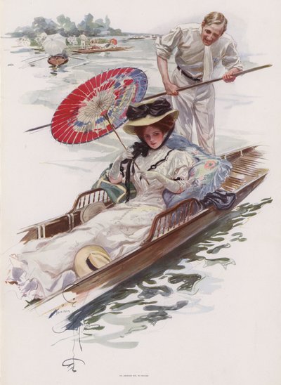 Joven americana disfrutando de un paseo en bote en un río inglés de Harrison Fisher