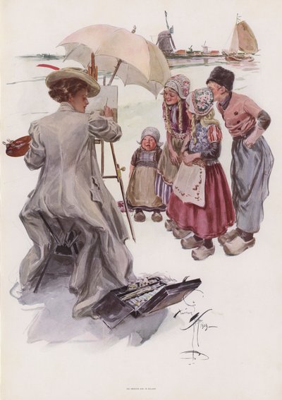 Joven estadounidense pintando una escena holandesa de Harrison Fisher