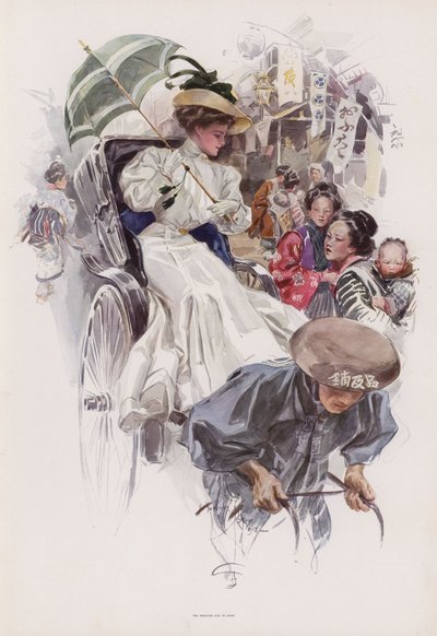 Joven americana montando en un rickshaw japonés de Harrison Fisher