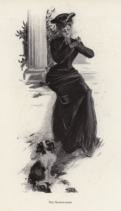 Joven mujer y su perro esperando para montar a caballo de Harrison Fisher
