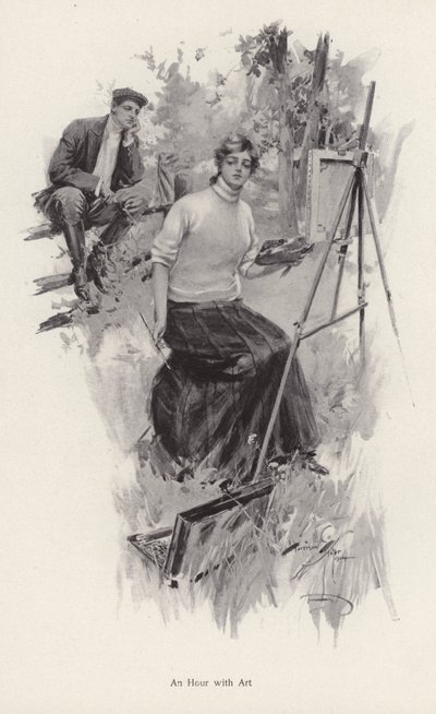 Joven artista pintando en el campo mientras un joven la observa de Harrison Fisher