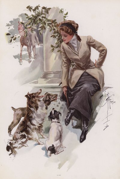Joven mujer en su traje de montar sentada con sus perros de Harrison Fisher