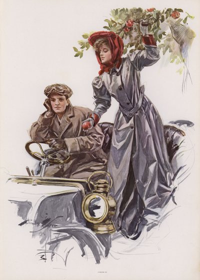 Joven mujer recogiendo manzanas desde un coche de Harrison Fisher