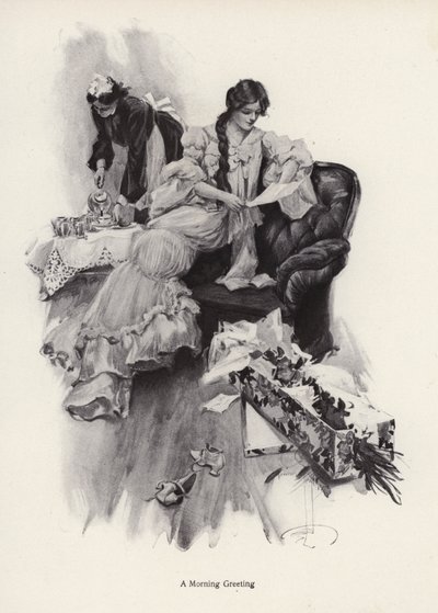 Joven mujer recibiendo un ramo de flores y una carta de un admirador de Harrison Fisher