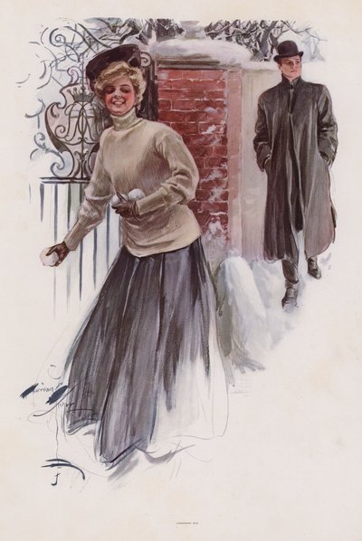 Joven esperando para lanzar bolas de nieve a un hombre de Harrison Fisher